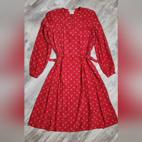 Salvatore Ferragamo Vintage Red All Over Print Dress 100% Silk 80s Size 44 - Picture 2 of 13